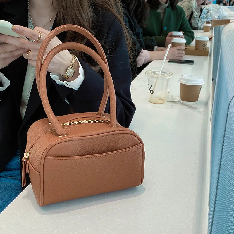 Solid Top-handle Shoulder Bag Pu Leather Tote Purse