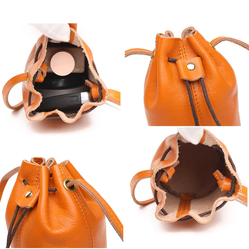 Solid Oil Wax Leather Bucket Bag Draw Cord Women Shoulder Crossbody Bags