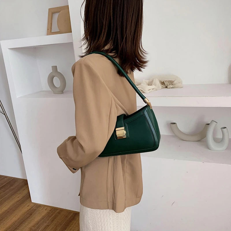 Solid PU Leather Shoulder Bags For Women Lock Handbags Small Travel Lady Bags