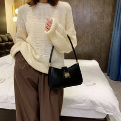 Solid PU Leather Shoulder Bags For Women Lock Handbags Small Travel Lady Bags