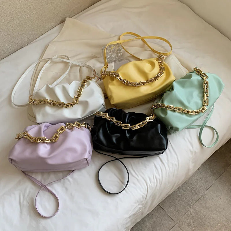 Soft Leather Women's Handbag Solid Pleated Tote Bag