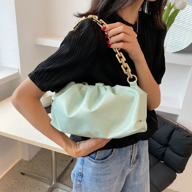 Soft Leather Women's Handbag Solid Pleated Tote Bag