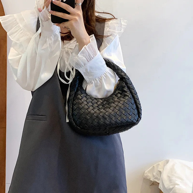 Solid Weave PU Leather Shoulder Tote Bags For Women Women's Small Zipper Handbag