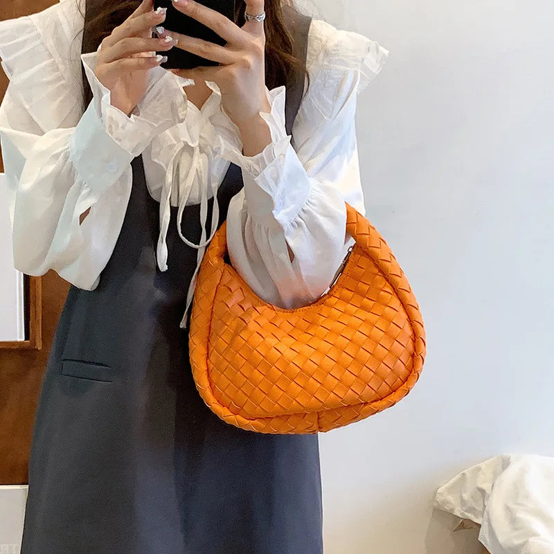 Solid Weave PU Leather Shoulder Tote Bags For Women Women's Small Zipper Handbag