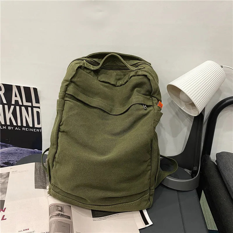 Solid High Canvas School Backpack Vintage Travel Book Bag