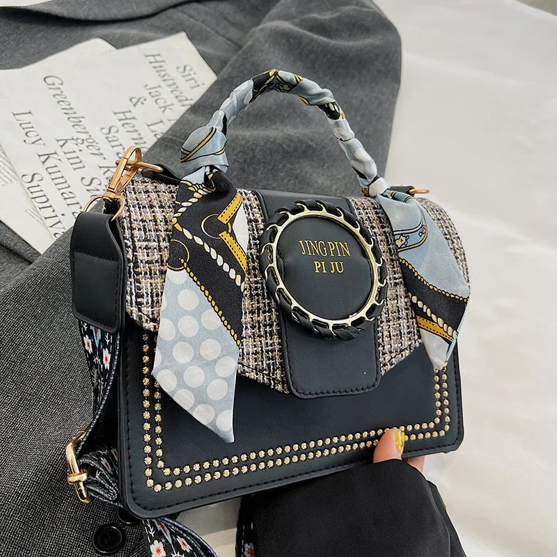 Spring Women's Bag PU Leather Ribbons Ladies Handbags Wide Strap Crossbody Bags