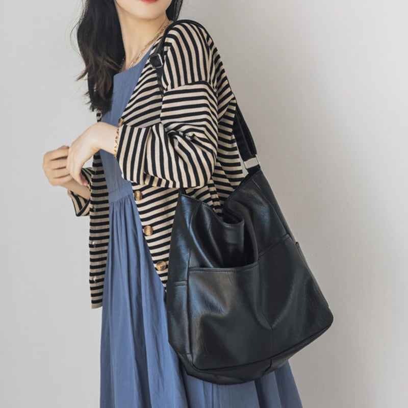 Spring Pu Soft Leather Bucket Bag Large Capacity Cross-body Ins Shoulder
