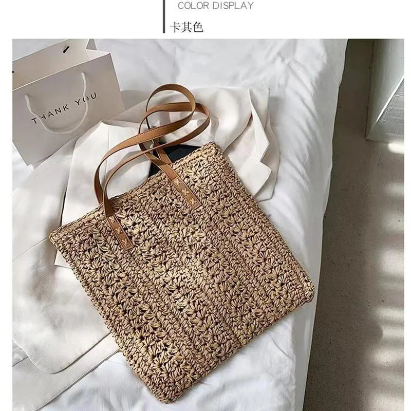 Square Hollow Straw Beach Bag Woven Shoulder Bag Raffia Rattan Shopping