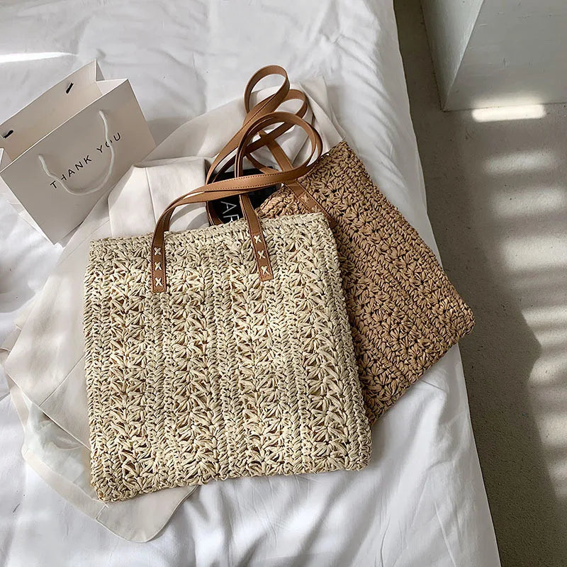 Square Hollow Straw Beach Bag Woven Shoulder Bag Raffia Rattan Shopping
