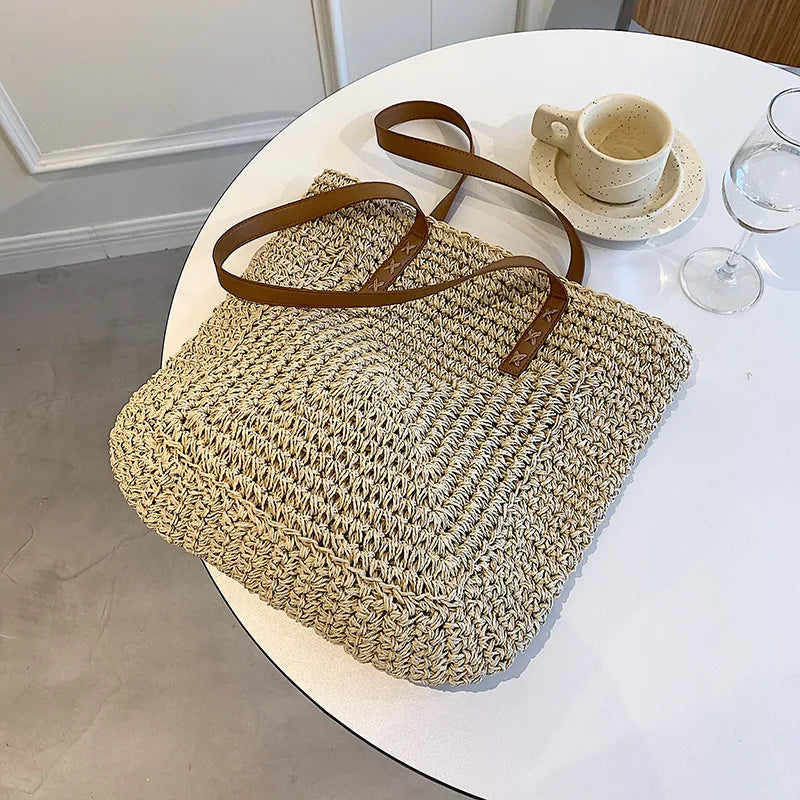 Square Straw Beach Bag Woven Shoulder Bag Raffia Shopper Travel Bag