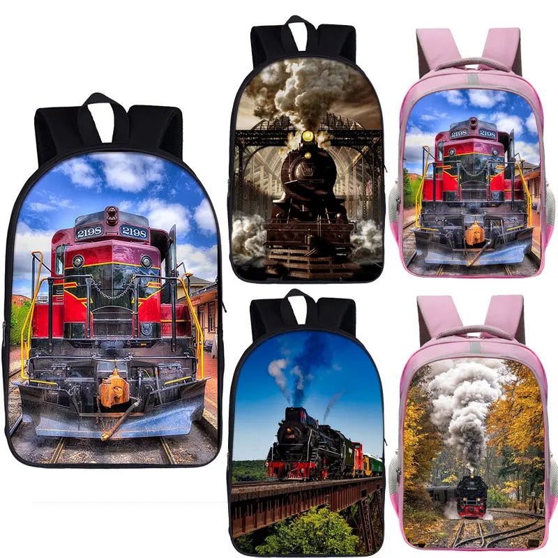 Steam Locomotive Train Print Backpack Teen School Bags Book Bag