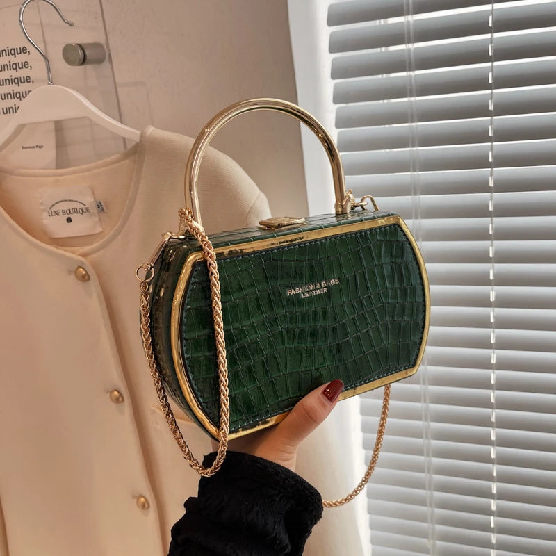 Stone Box Bags Metal Short Handle Women Summer PU Leather Handbag