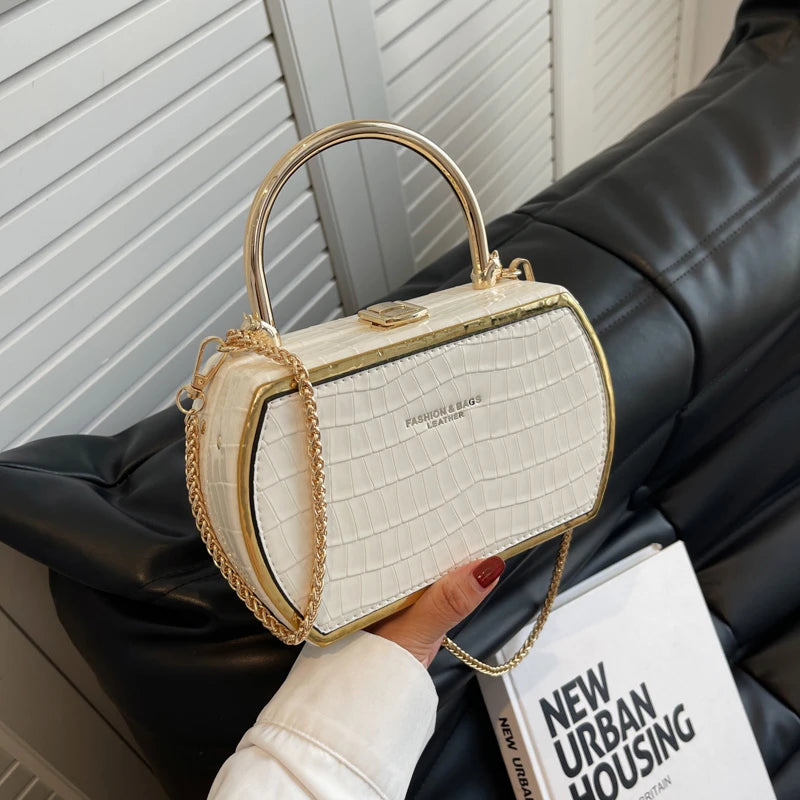 Stone Box Bags Metal Short Handle Women Summer PU Leather Handbag