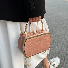 Stone Box Bags Metal Short Handle Women Summer PU Leather Handbag