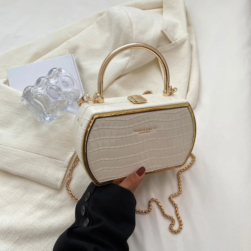 Stone Box Bags Metal Short Handle Women Summer PU Leather Handbag