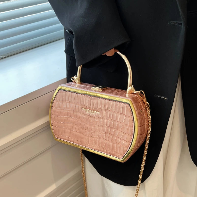 Stone Box Bags Metal Short Handle Women Summer PU Leather Handbag