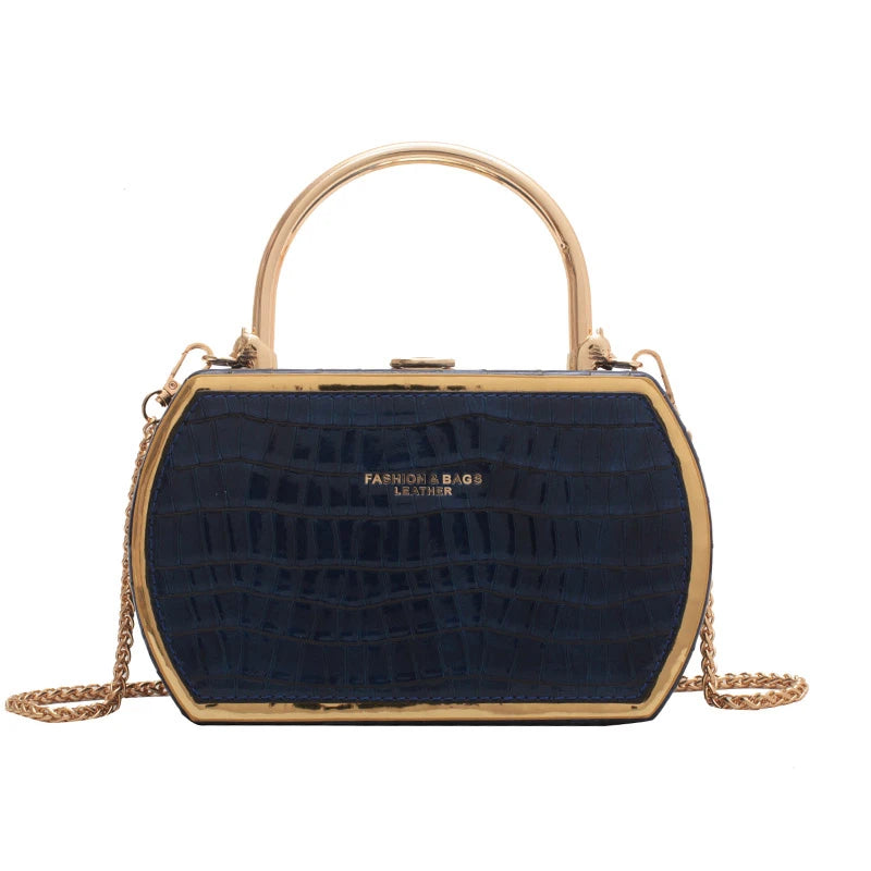 Stone Box Bags Metal Short Handle Women Summer PU Leather Handbag