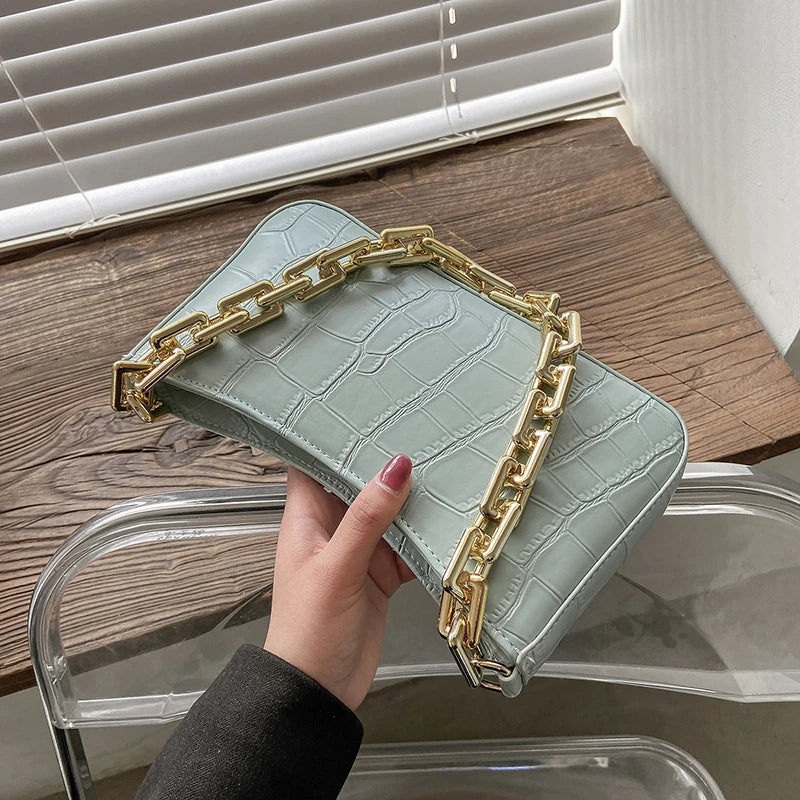 Stone Pattern PU Leather Armpit Bag Women Chain Shoulder Handbag