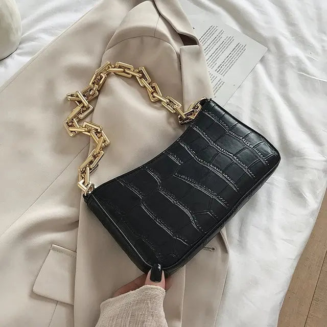 Stone Pattern PU Leather Armpit Bag Women Chain Shoulder Handbag