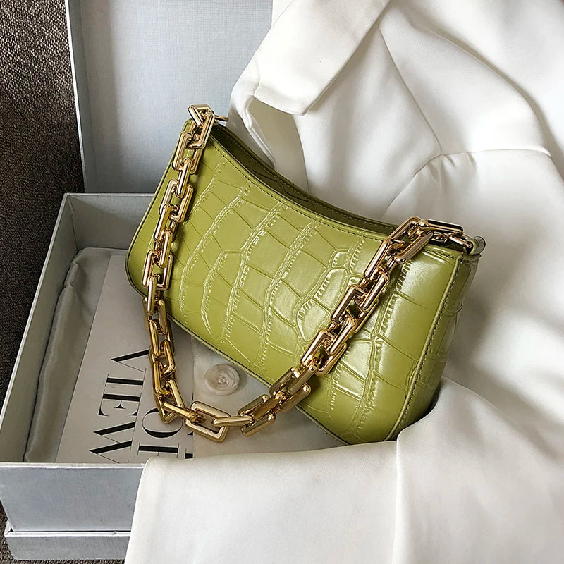 Stone Pattern PU Leather Armpit Bag Women Chain Shoulder Handbag