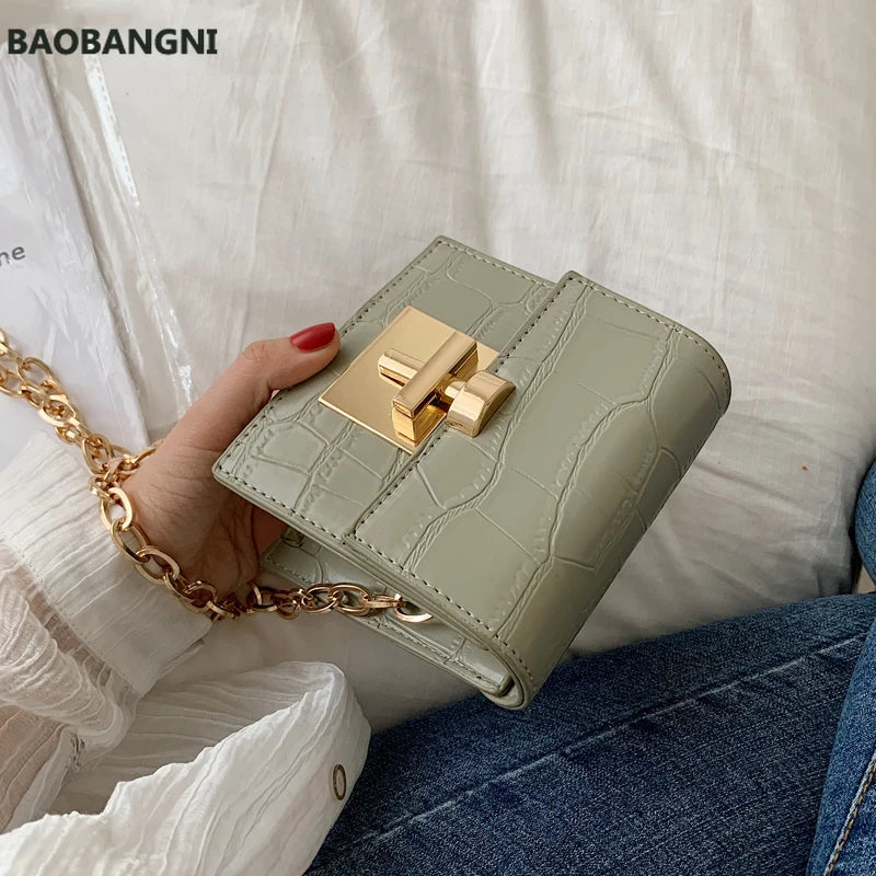 Stone Pattern Mini Crossbody Bag Lock Chain Shoulder Messenger Bag