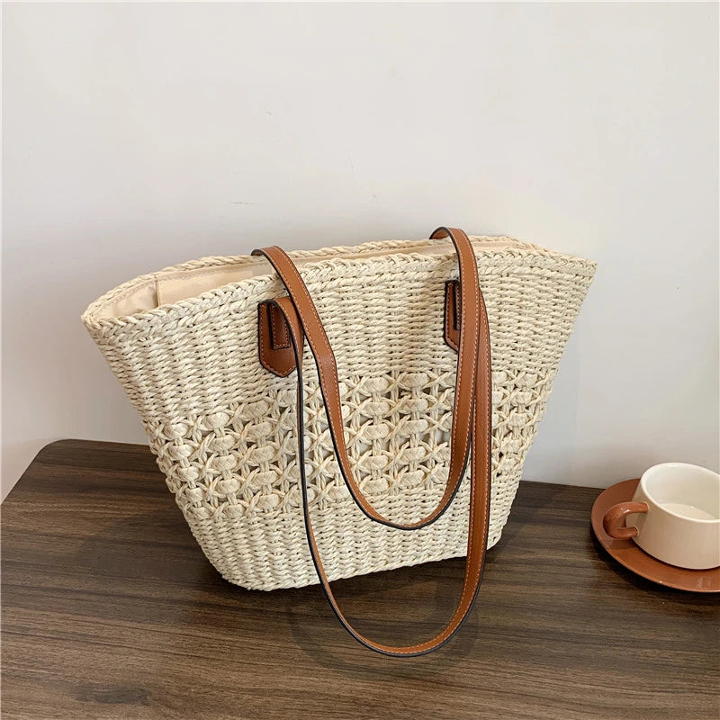 Straw Bag Women Hand-Woven Handbag Summer Boho Beach Shoulder Bag