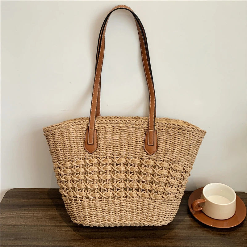 Straw Bag Women Hand-Woven Handbag Summer Boho Beach Shoulder Bag