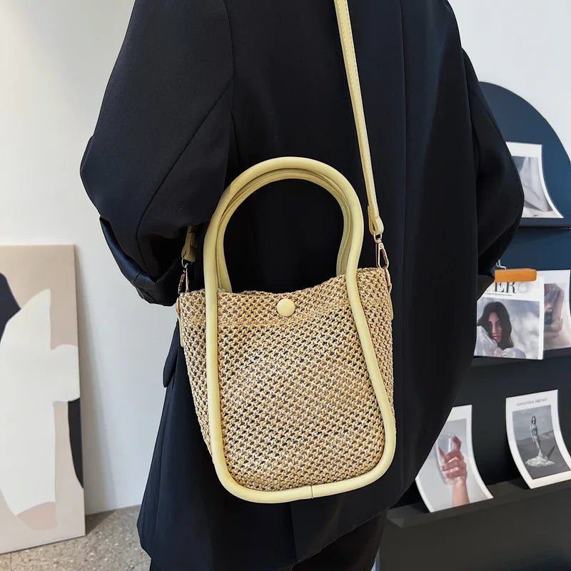 Straw Bucket Bag Large Capacity Ladies Handbag Shoulder Crossbody