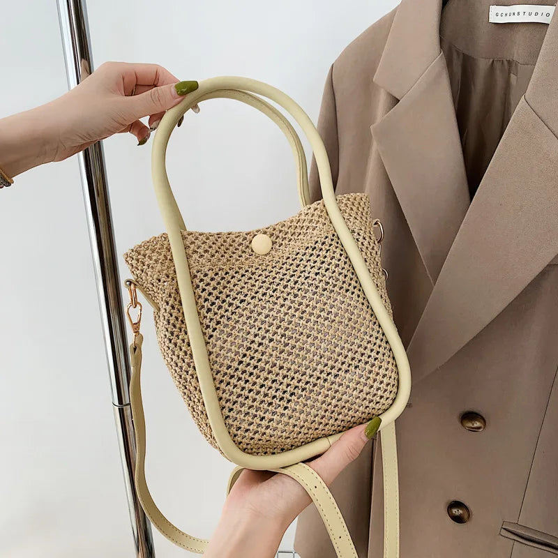 Straw Bucket Bag Large Capacity Ladies Handbag Shoulder Crossbody