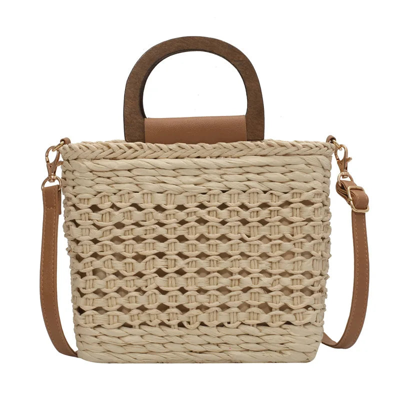 Straw Tote Bag Summer Women Handbag Purse Drawstring Closure