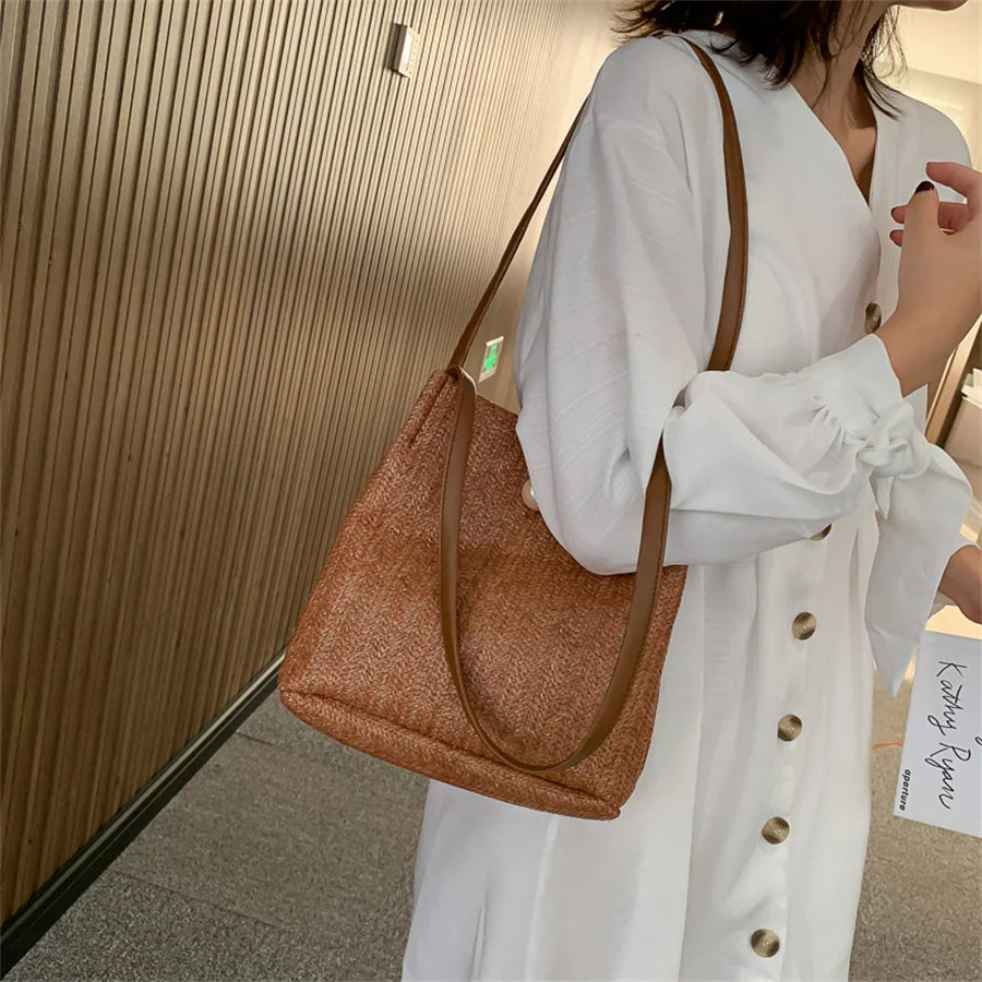 Straw Plaited Shoulder Bag High Capacity Handbag Woman?s Bucket Bag F1241