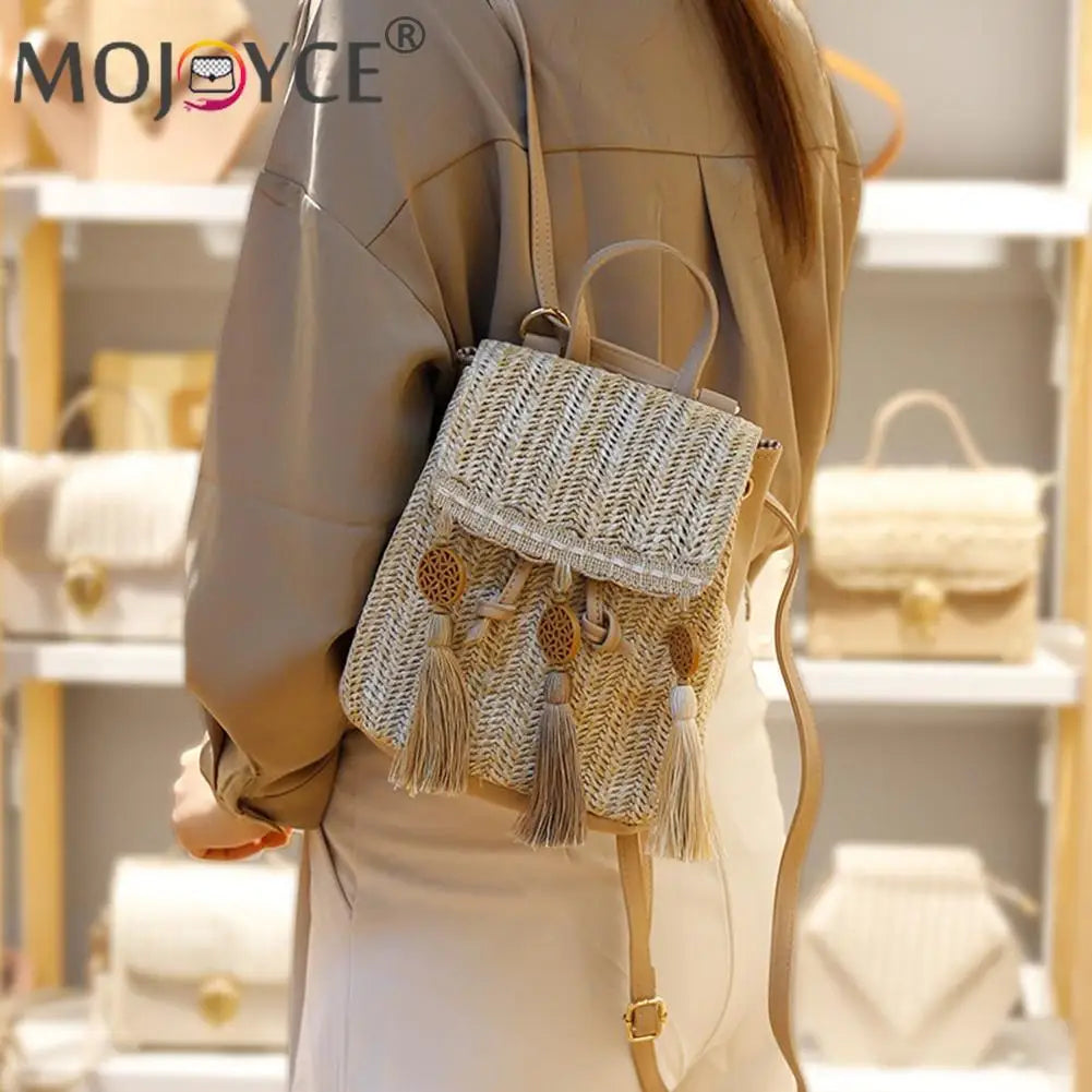 Boho Straw Backpack with Tassel Beach School Bags
