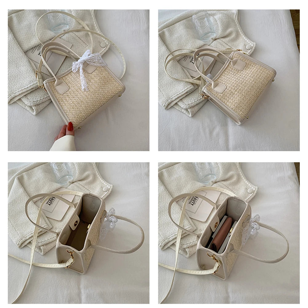Straw Shoulder Bag Summer Beach Lace Splicing Woven Women Crossbody Handbags