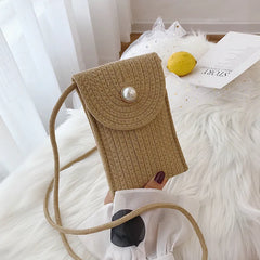 Straw Shoulder Bags Female Bag Casual Vertical Section Mobile Phone Bag