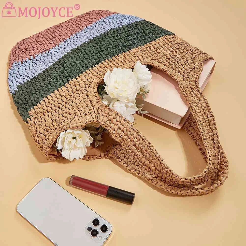 Straw Woven Bag Ladies Tote Large Casual Striped Contrast for Seaside Holiday