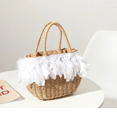 Fairy Feather Woven Straw Bag Beach Handbag