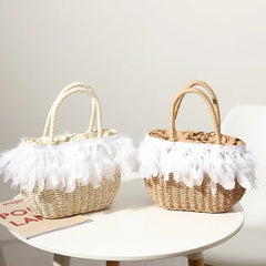 Fairy Feather Woven Straw Bag Beach Handbag
