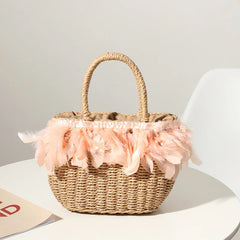 Fairy Feather Woven Straw Bag Beach Handbag