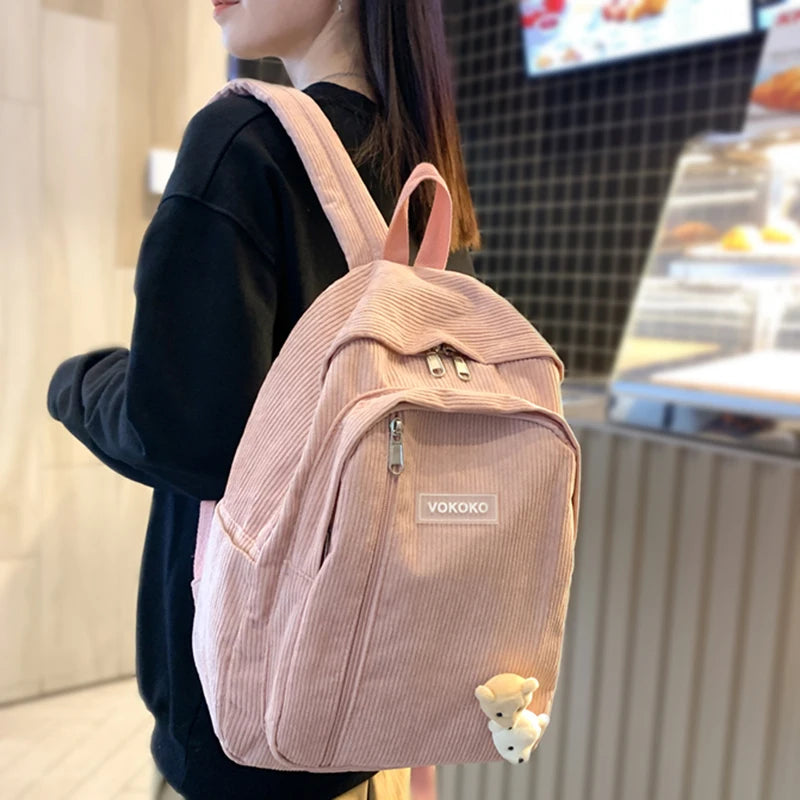 Stripe Corduroy Backpack Schoolbag For Girls Boys