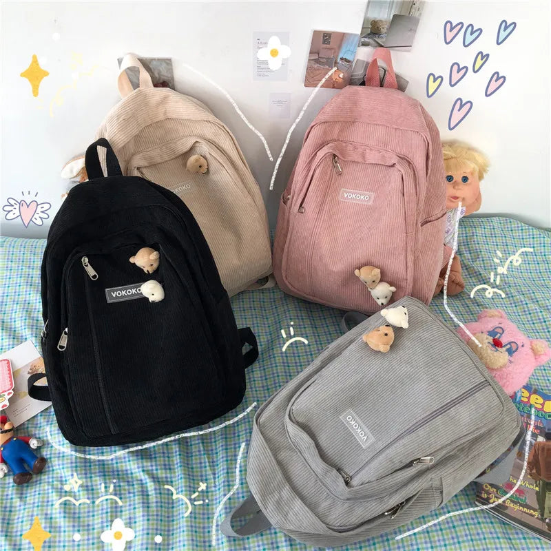 Stripe Corduroy Backpack Schoolbag For Girls Boys