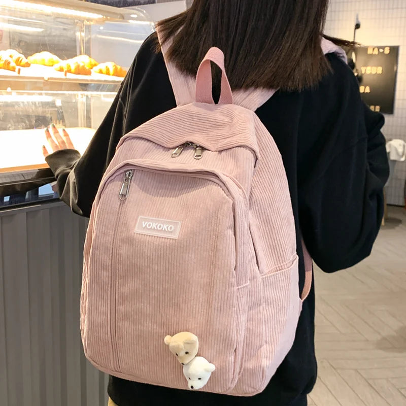 Stripe Corduroy Backpack Schoolbag For Girls Boys