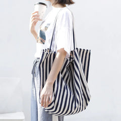Striped Big Canvas Tote Bag for Women Summer Beach Classical Fabric Soft Large H