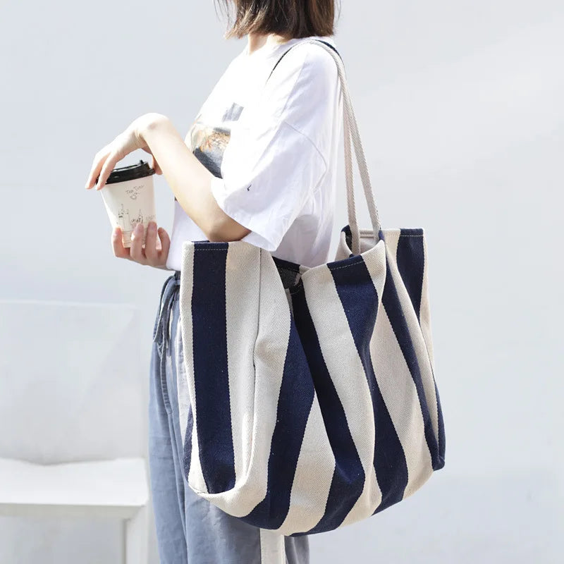 Striped Big Canvas Tote Bag for Women Summer Beach Classical Fabric Soft Large H