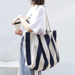 Striped Big Canvas Tote Bag for Women Summer Beach Classical Fabric Soft Large H