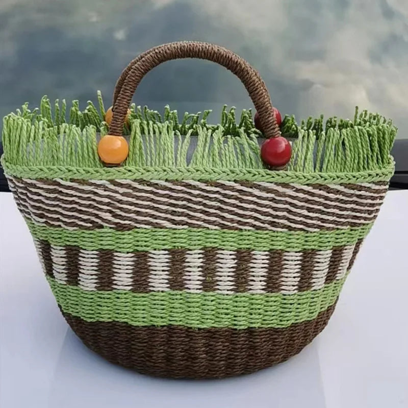 Striped Tassel Basket Bag Handbags Beading Beach Bags for Women
