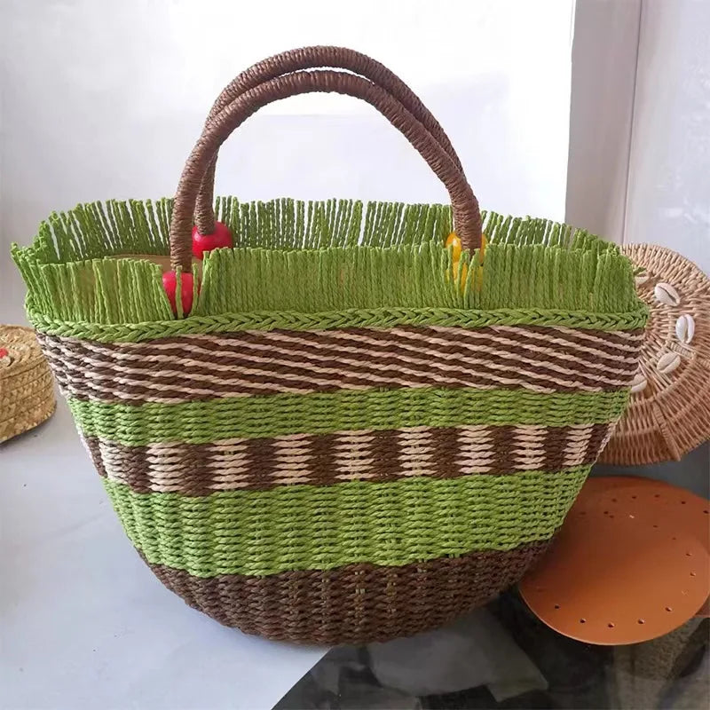 Striped Tassel Basket Bag Handbags Beading Beach Bags for Women