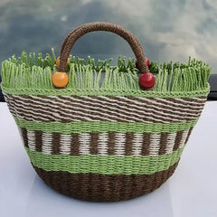 Striped Tassel Basket Bag Handbags Beading Beach Bags for Women