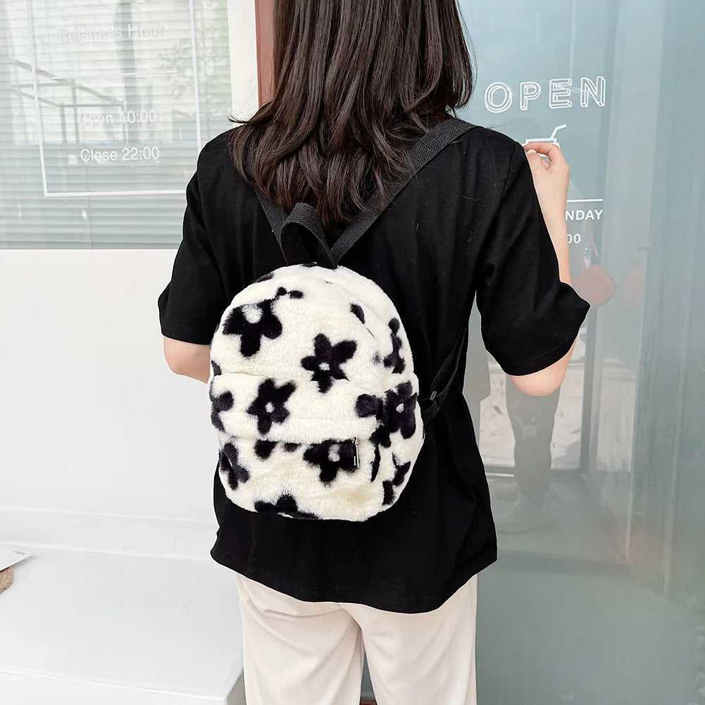 Flower Print Plush Schoolbag for Girls