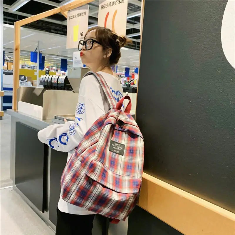 Plaid Pattern Canvas School Bag Softback Rucksack