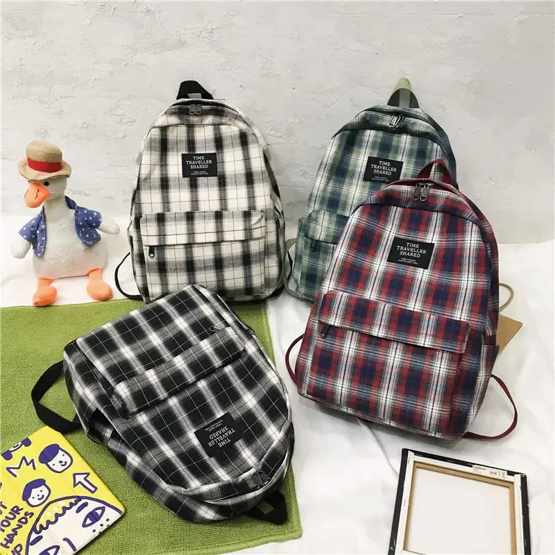 Plaid Pattern Canvas School Bag Softback Rucksack